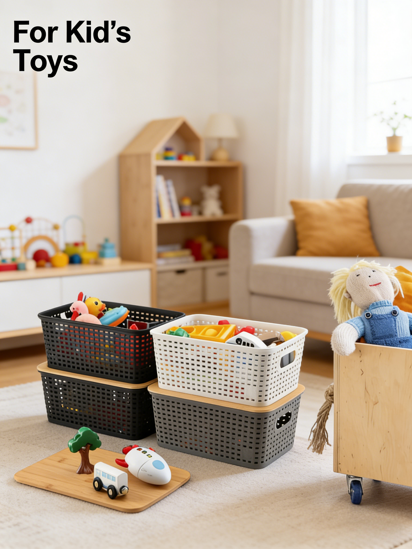 Stackable Plastic Storage Basket with Bamboo Lid, Woven Design Ventilated Organizer for Home & Kitchen