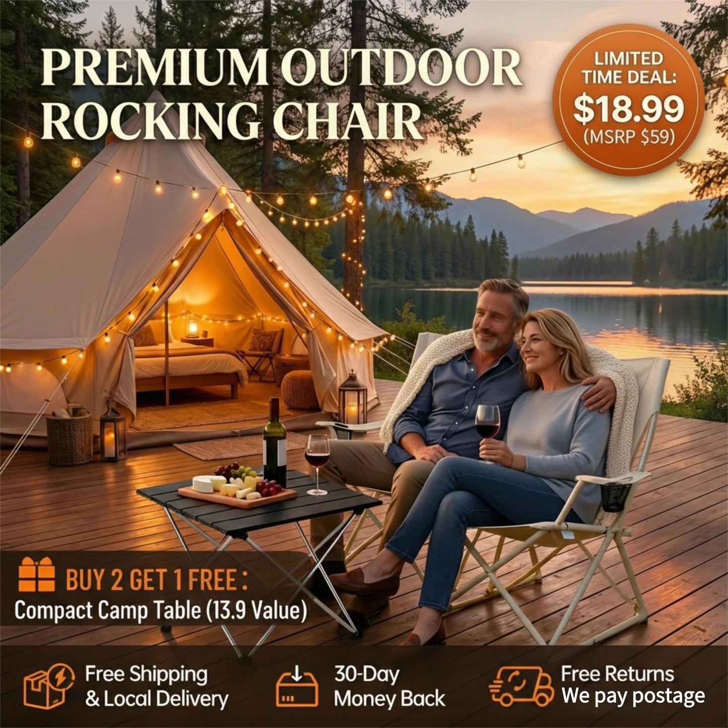 FernHome  Spring-Action Folding Outdoor Rocking Chair, 350 Lbs Capacity Portable Camping Chair with Cup Holder