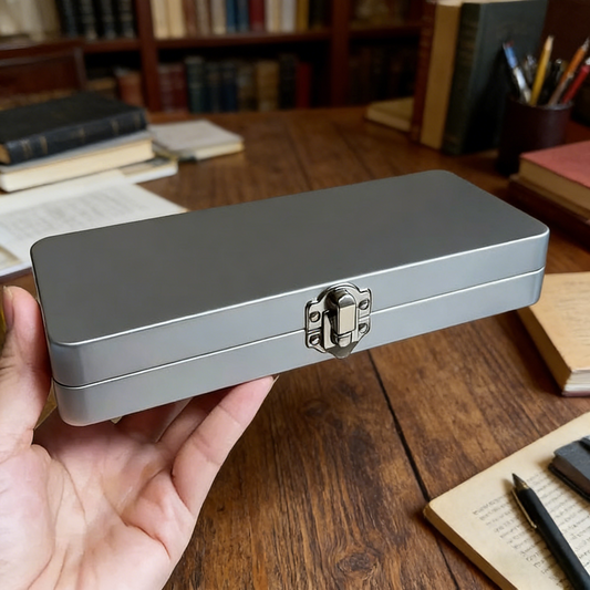 Vintage Metal Pen Case with Secure Latch, Slim Aluminum Storage Box for Stationery