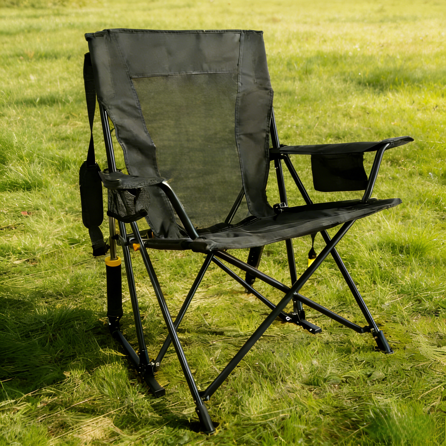FernHome  Spring-Action Folding Outdoor Rocking Chair, 350 Lbs Capacity Portable Camping Chair with Cup Holder