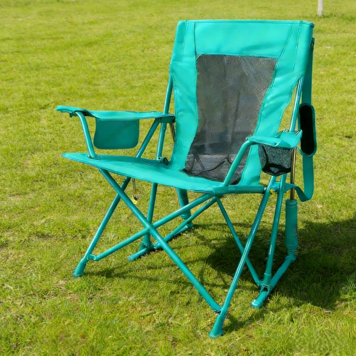 FernHome  Spring-Action Folding Outdoor Rocking Chair, 350 Lbs Capacity Portable Camping Chair with Cup Holder