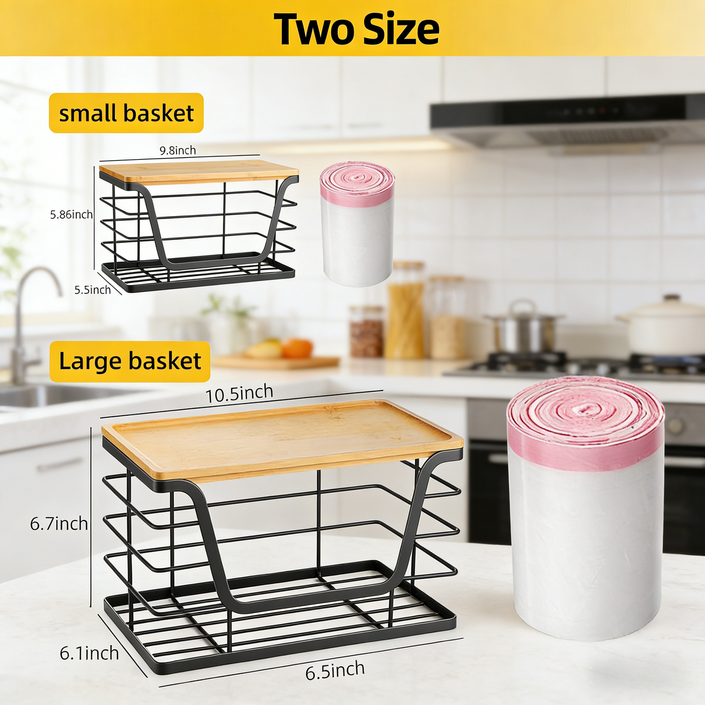 2-Tier Metal Wire Storage Basket with Bamboo Top, Wall-Mountable Organizer for Kitchen & Pantry