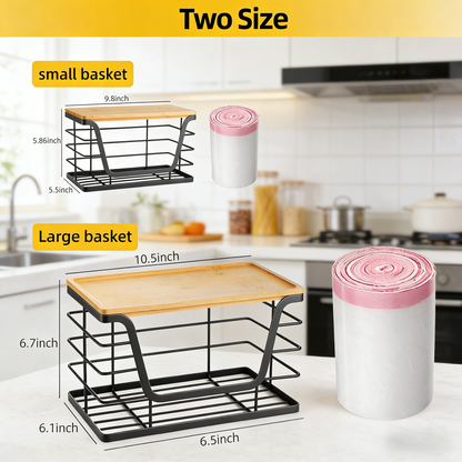 2-Tier Metal Wire Storage Basket with Bamboo Top, Wall-Mountable Organizer for Kitchen & Pantry