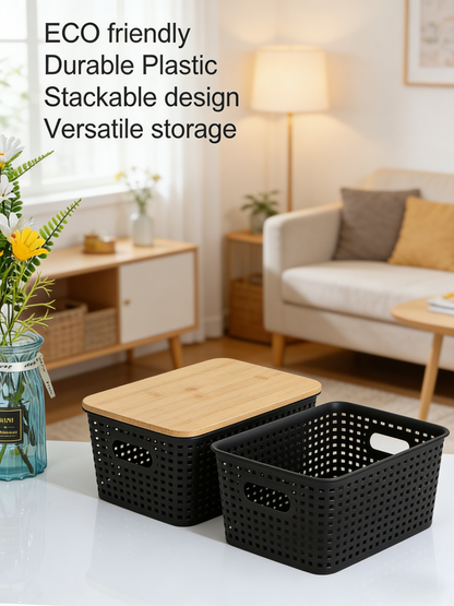 Stackable Plastic Storage Basket with Bamboo Lid, Woven Design Ventilated Organizer for Home & Kitchen