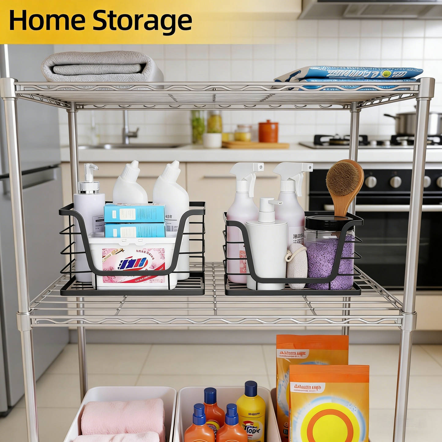 2-Tier Metal Wire Storage Basket with Bamboo Top, Wall-Mountable Organizer for Kitchen & Pantry