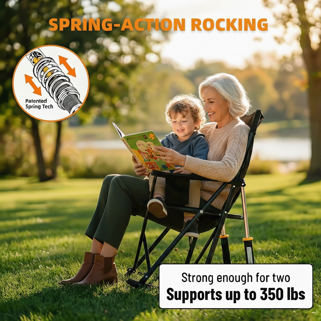 FernHome  Spring-Action Folding Outdoor Rocking Chair, 350 Lbs Capacity Portable Camping Chair with Cup Holder