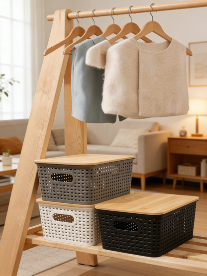 Stackable Plastic Storage Basket with Bamboo Lid, Woven Design Ventilated Organizer for Home & Kitchen