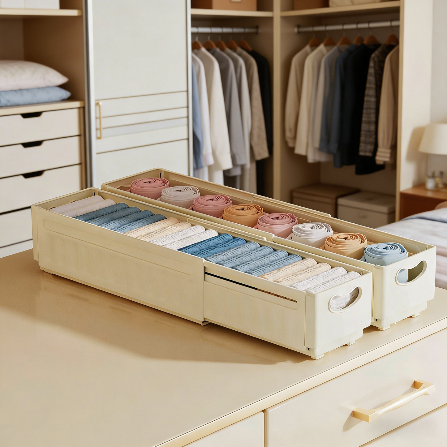 Stretchable Plastic Storage Drawer Organizer for Closet & Kitchen, Adjustable Width Storage Box