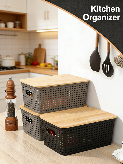 Stackable Plastic Storage Basket with Bamboo Lid, Woven Design Ventilated Organizer for Home & Kitchen