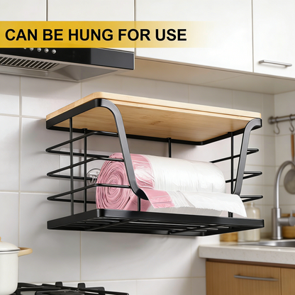 2-Tier Metal Wire Storage Basket with Bamboo Top, Wall-Mountable Organizer for Kitchen & Pantry