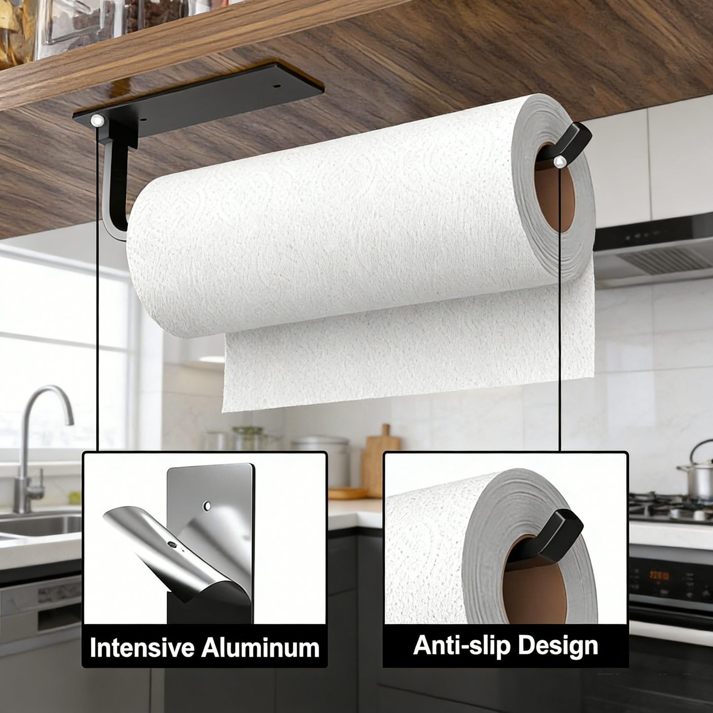 Aluminum Paper Towel Holder, Self-Adhesive & Drilling Mount, Horizontal/Vertical Under Cabinet Organizer
