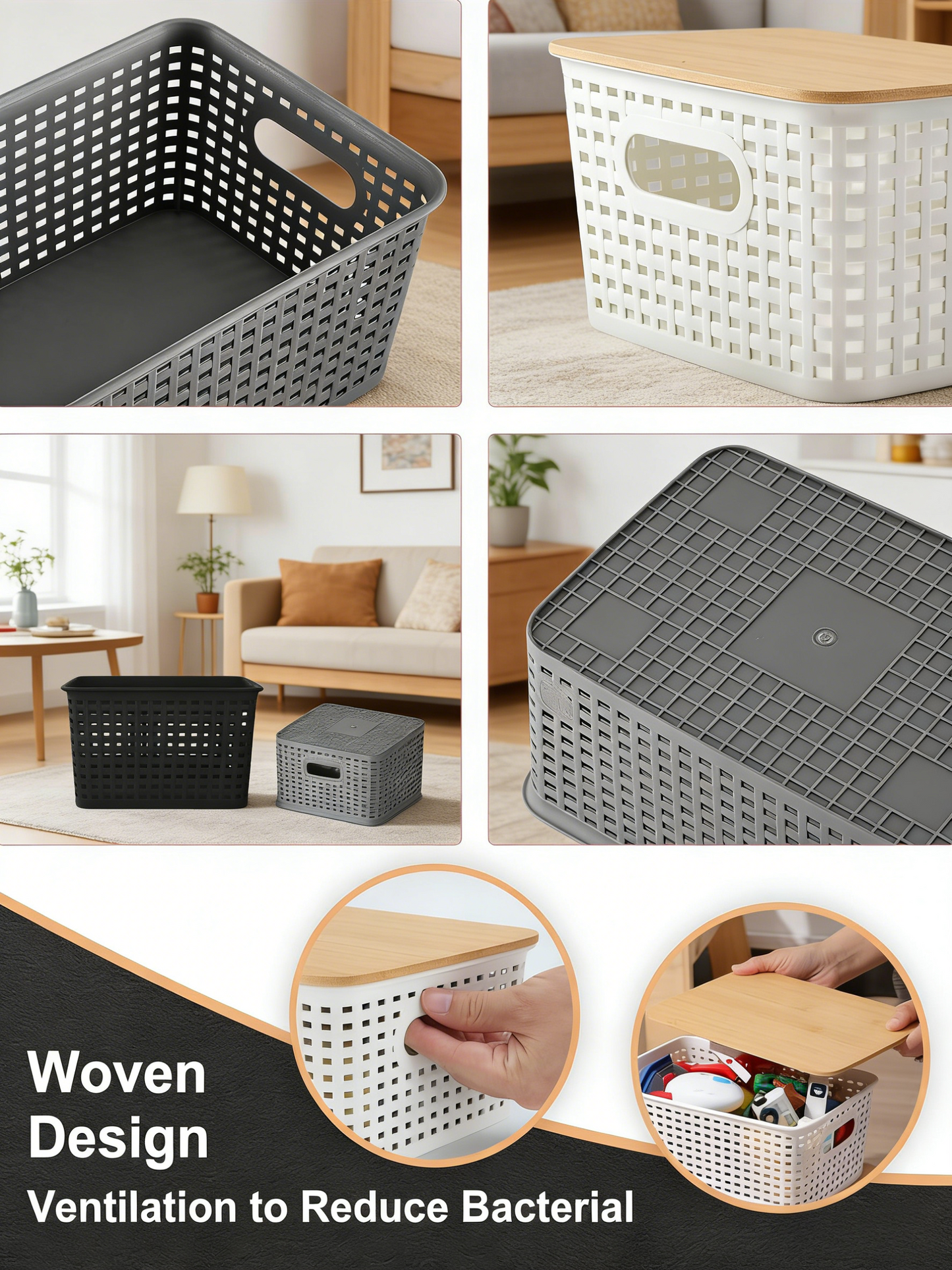 Stackable Plastic Storage Basket with Bamboo Lid, Woven Design Ventilated Organizer for Home & Kitchen