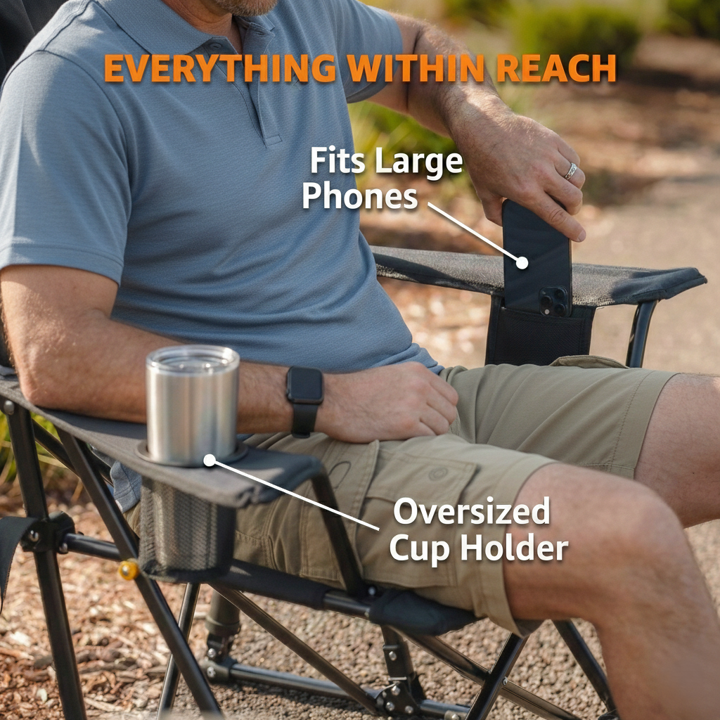 FernHome  Spring-Action Folding Outdoor Rocking Chair, 350 Lbs Capacity Portable Camping Chair with Cup Holder