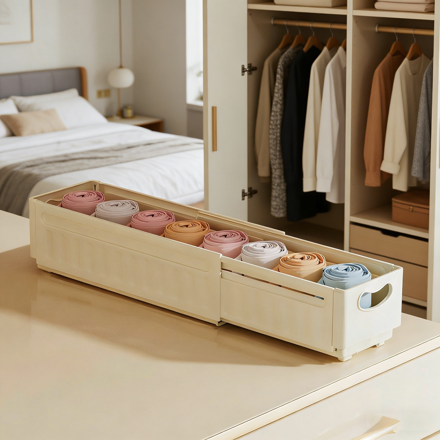 Stretchable Plastic Storage Drawer Organizer for Closet & Kitchen, Adjustable Width Storage Box