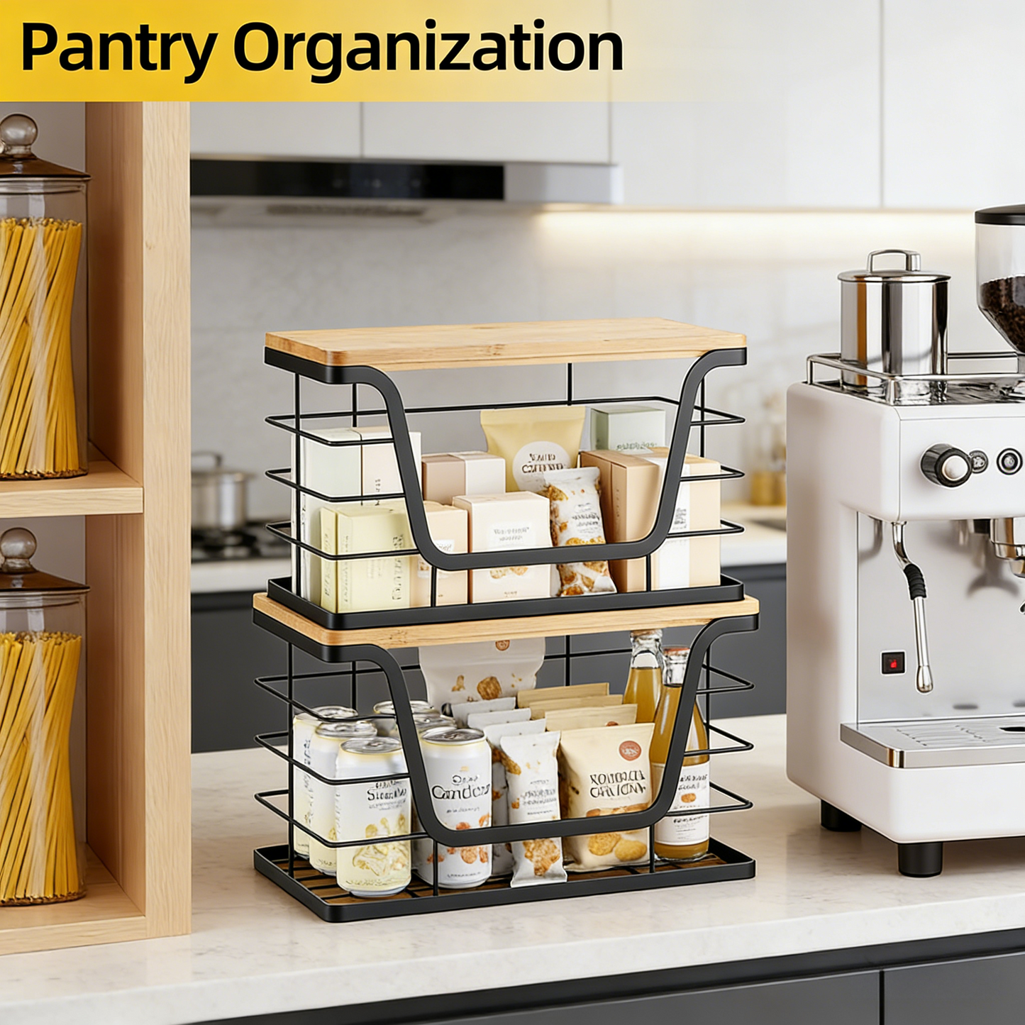 2-Tier Metal Wire Storage Basket with Bamboo Top, Wall-Mountable Organizer for Kitchen & Pantry