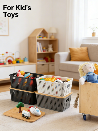 Stackable Plastic Storage Basket with Bamboo Lid, Woven Design Ventilated Organizer for Home & Kitchen