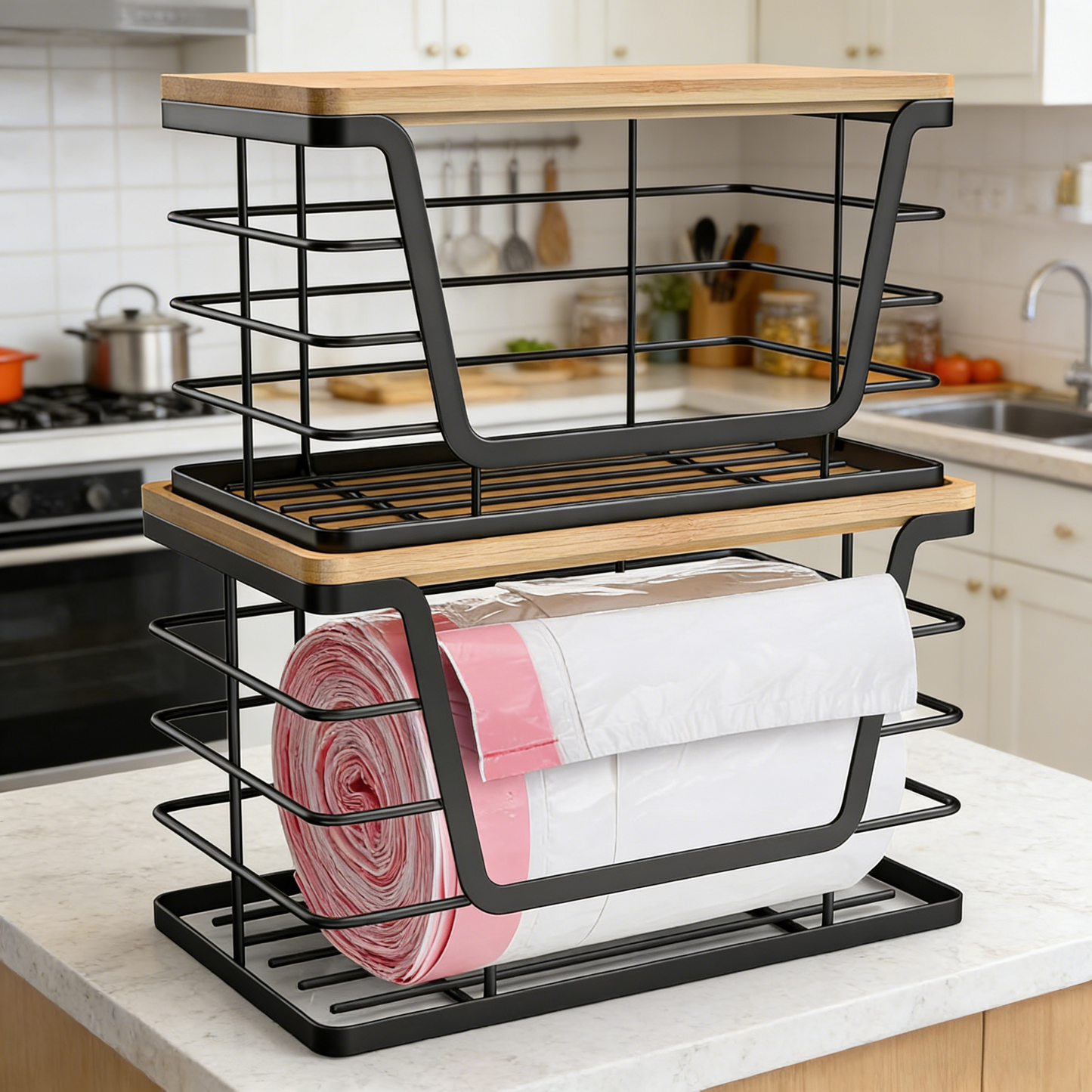 2-Tier Metal Wire Storage Basket with Bamboo Top, Wall-Mountable Organizer for Kitchen & Pantry