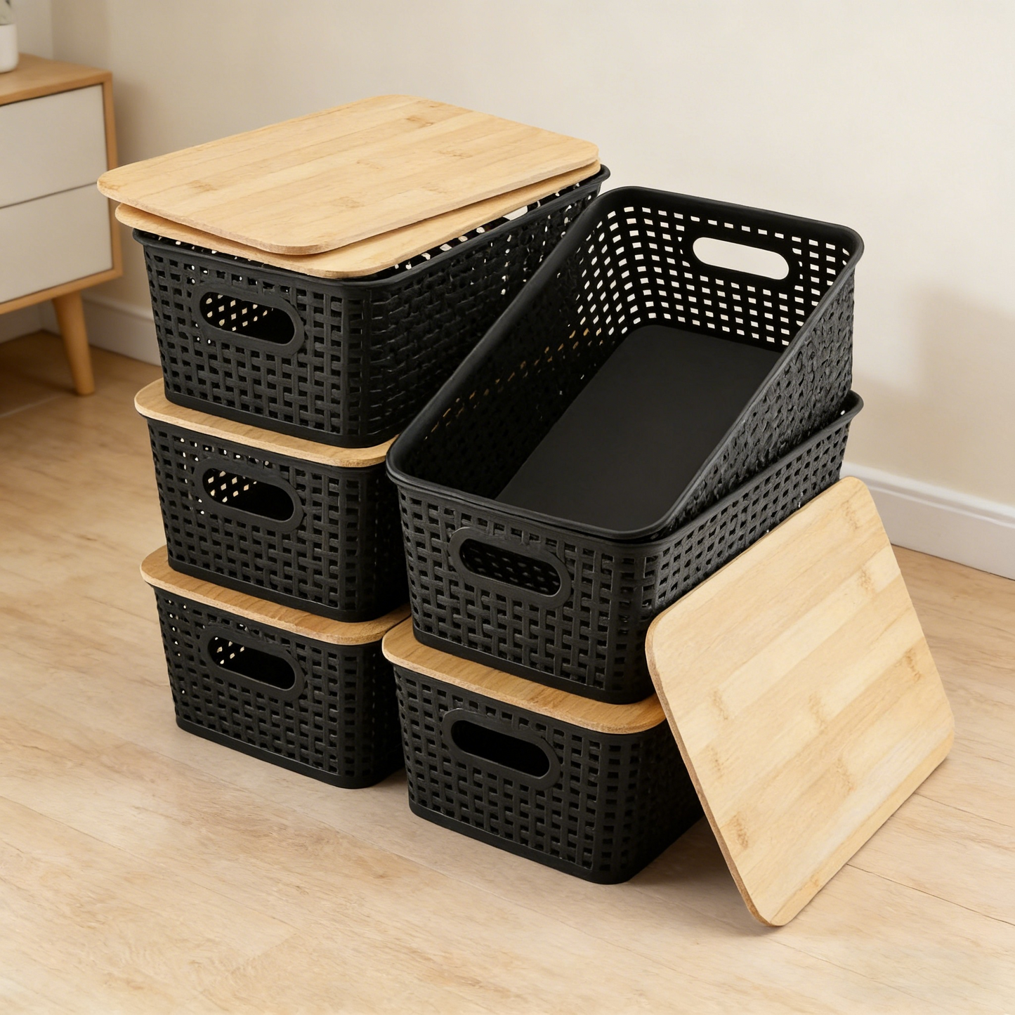 Stackable Plastic Storage Basket with Bamboo Lid, Woven Design Ventilated Organizer for Home & Kitchen
