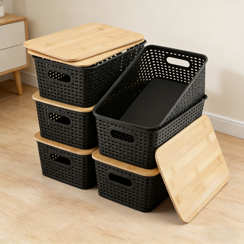 Stackable Plastic Storage Basket with Bamboo Lid, Woven Design Ventilated Organizer for Home & Kitchen