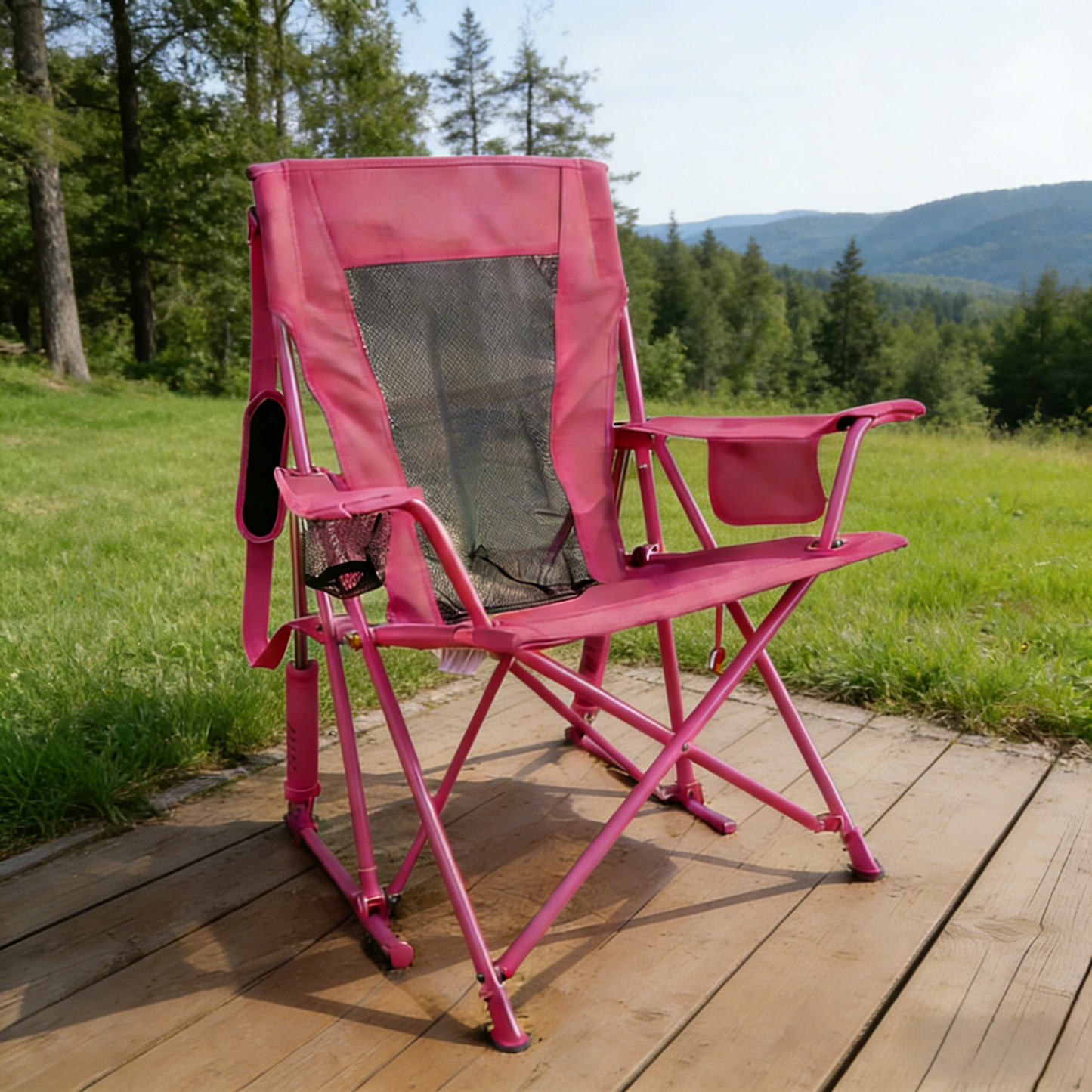 FernHome  Spring-Action Folding Outdoor Rocking Chair, 350 Lbs Capacity Portable Camping Chair with Cup Holder