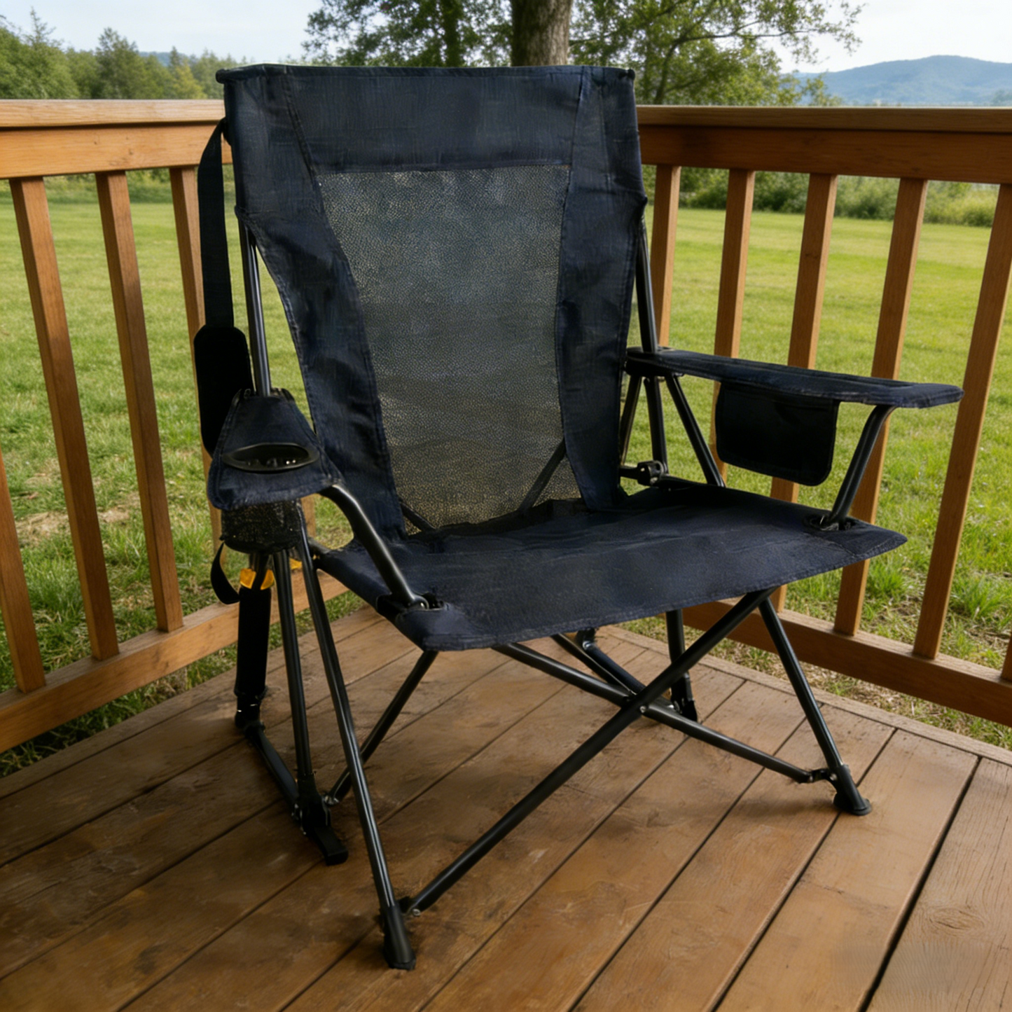FernHome  Spring-Action Folding Outdoor Rocking Chair, 350 Lbs Capacity Portable Camping Chair with Cup Holder