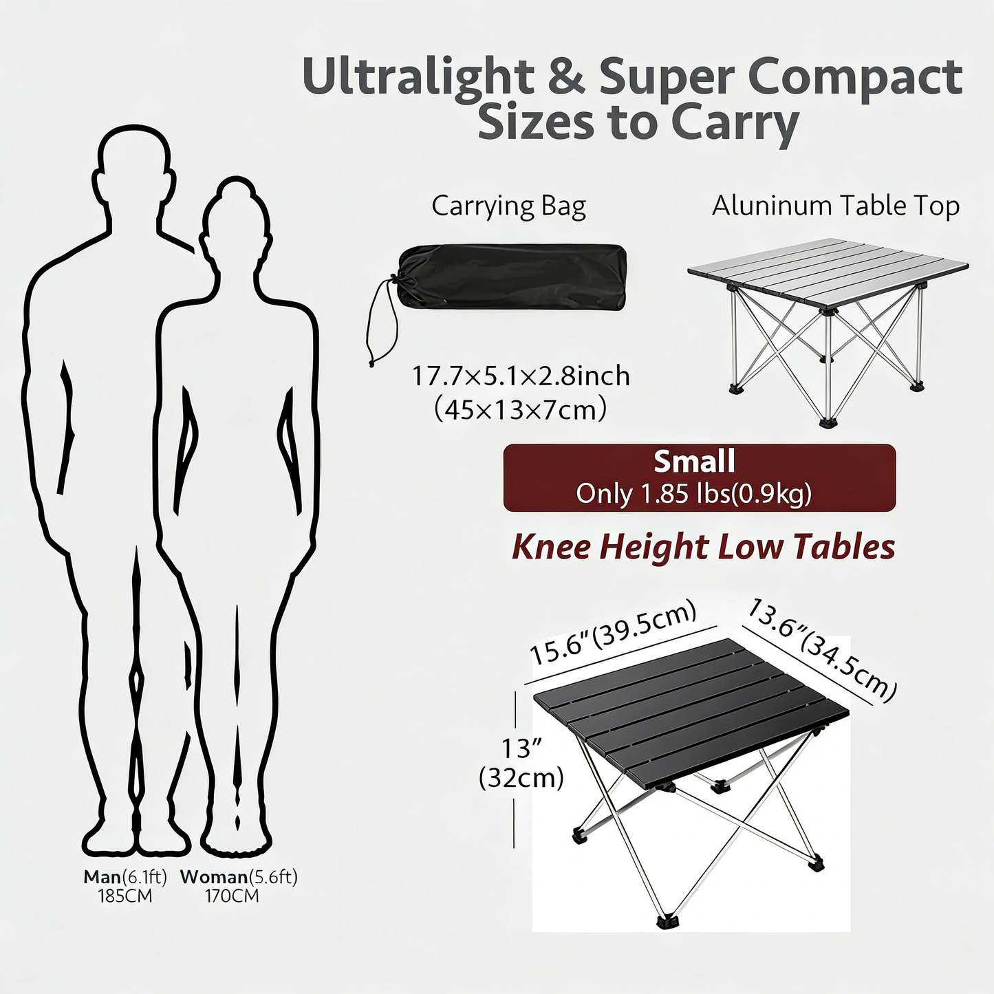 Ultralight Aluminum Folding Camping Table, Compact Portable Low Table with Carry Bag