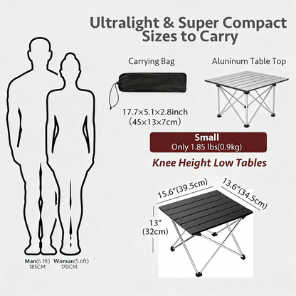 Ultralight Aluminum Folding Camping Table, Compact Portable Low Table with Carry Bag
